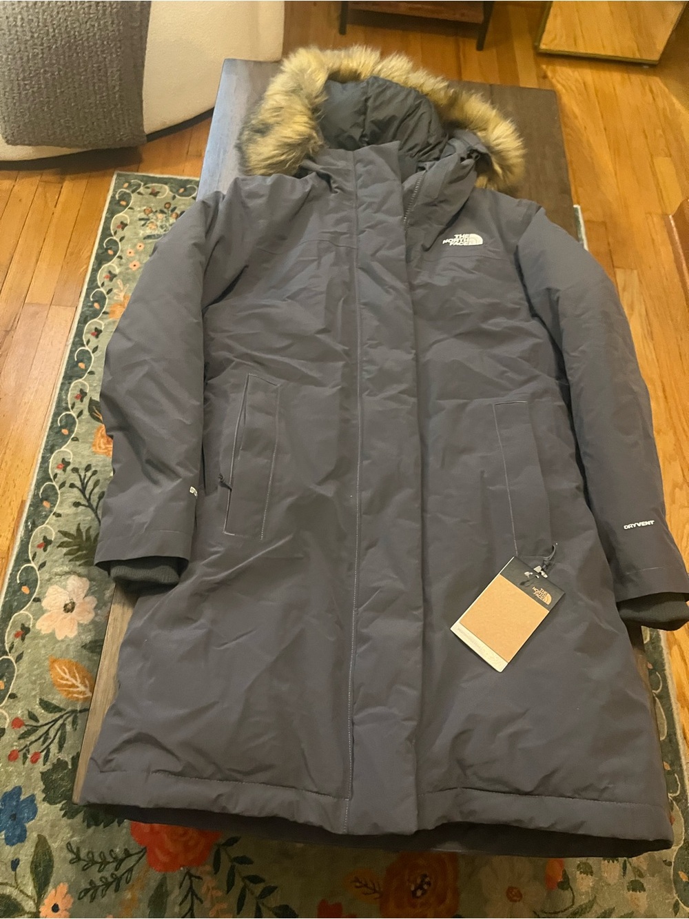 The North Face Women's Gray Long Puffer Parka with Faux Fur Trim